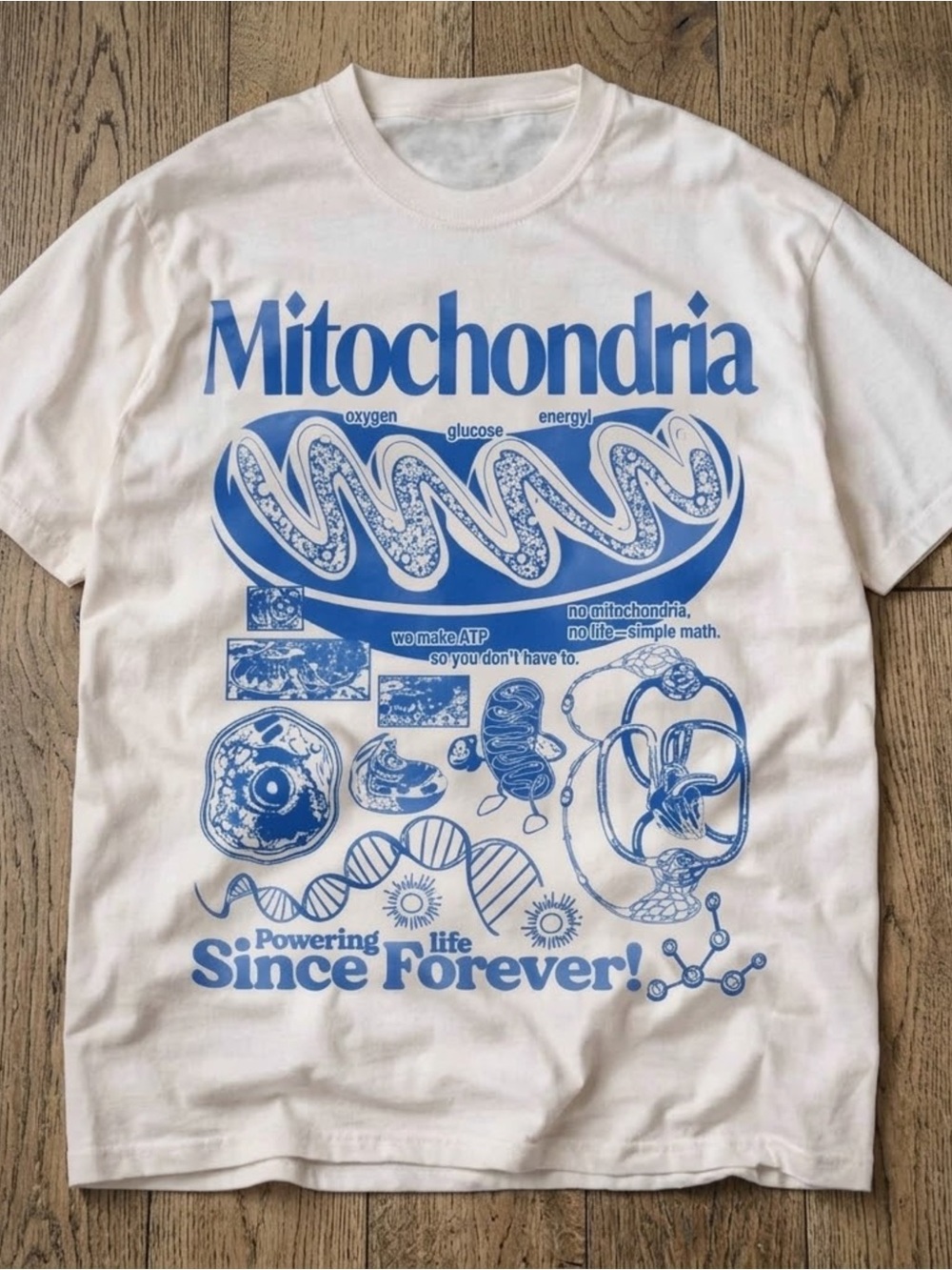 Gildan White Tee with Blue Mitochondria Graphic